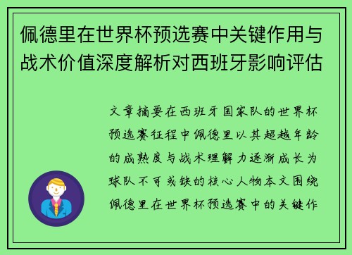 佩德里在世界杯预选赛中关键作用与战术价值深度解析对西班牙影响评估