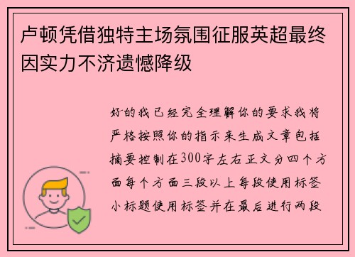 卢顿凭借独特主场氛围征服英超最终因实力不济遗憾降级